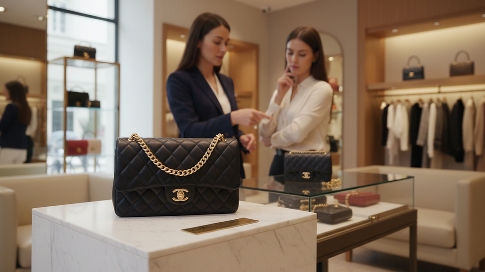 Eye-level view of a Chanel classic flap bag displayed on a white surface