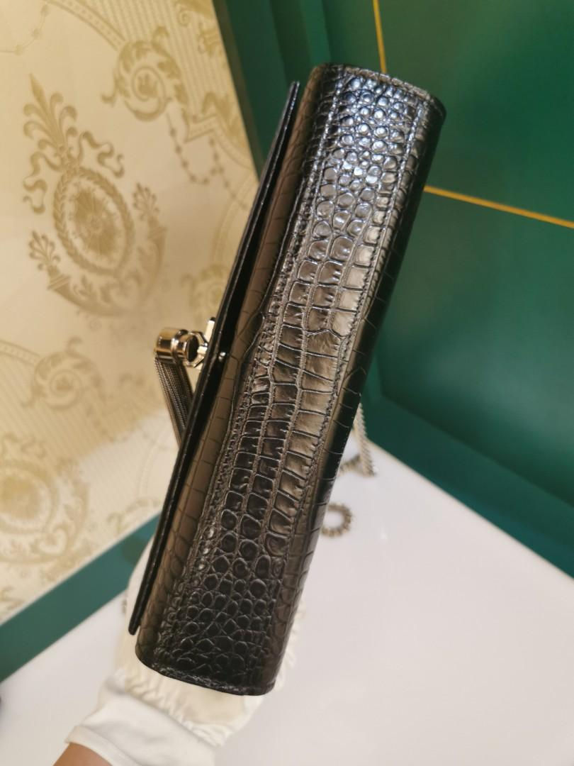 Thumbnail: YSL Kate with Tassel WOC Medium Black Embossed Crocodile SHW