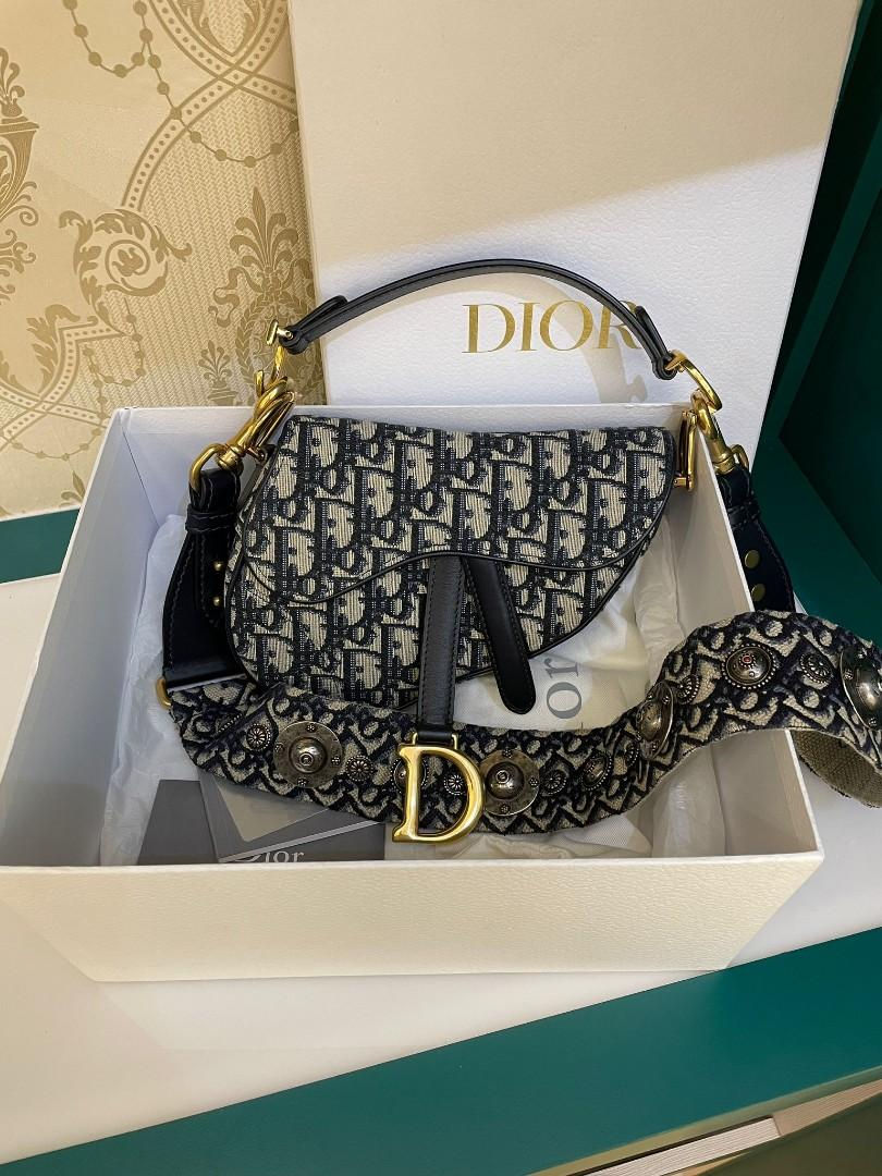LNIB Dior Saddle bag mini in blue Oblique jacquard canvas, calfskin leather