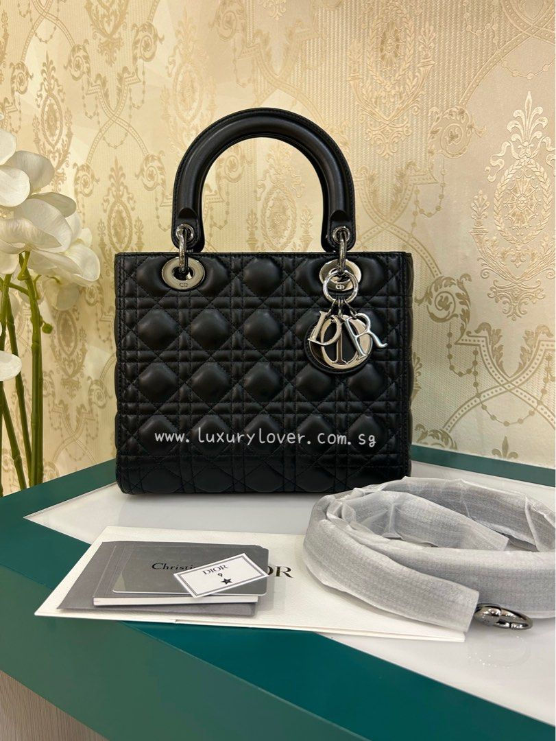 LNIB Lady Dior Medium Black Lamb Gun Metal