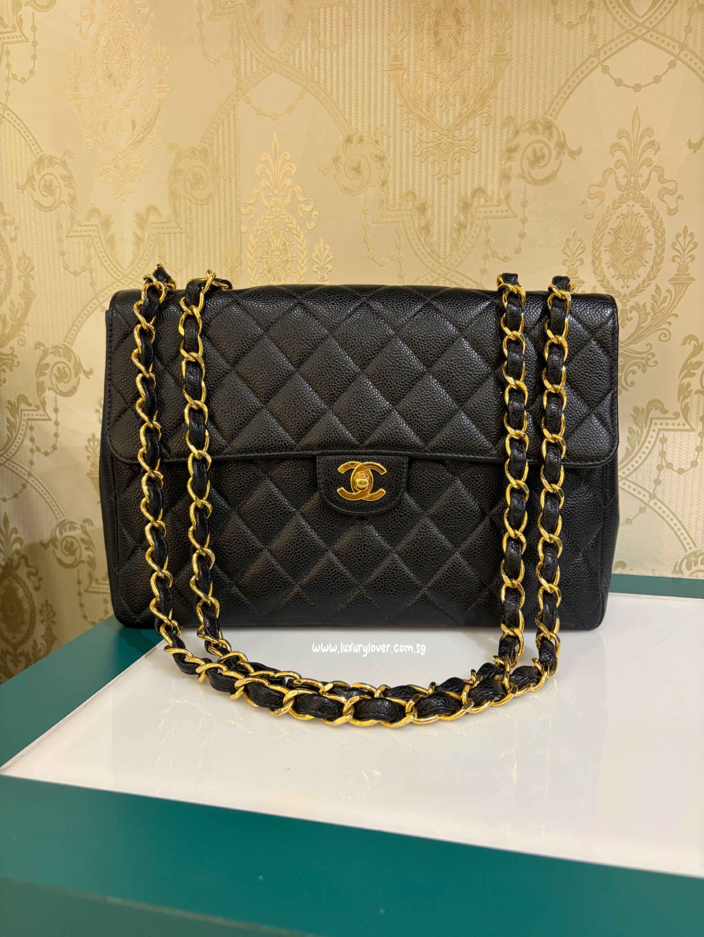 Chanel Vintage Timeless Classic Large Single Flap Black Caviar 24K