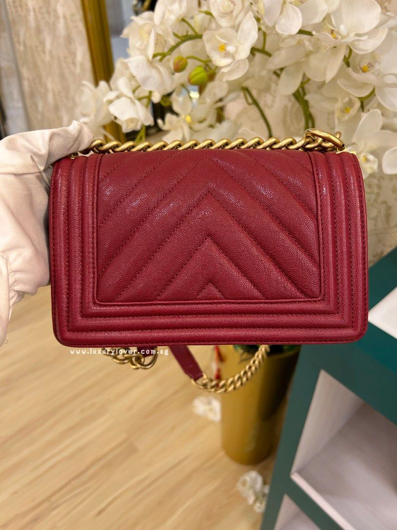 Thumbnail: #26 LNIB Chanel Boy Small Chevron Iridescent Caviar Dark Red