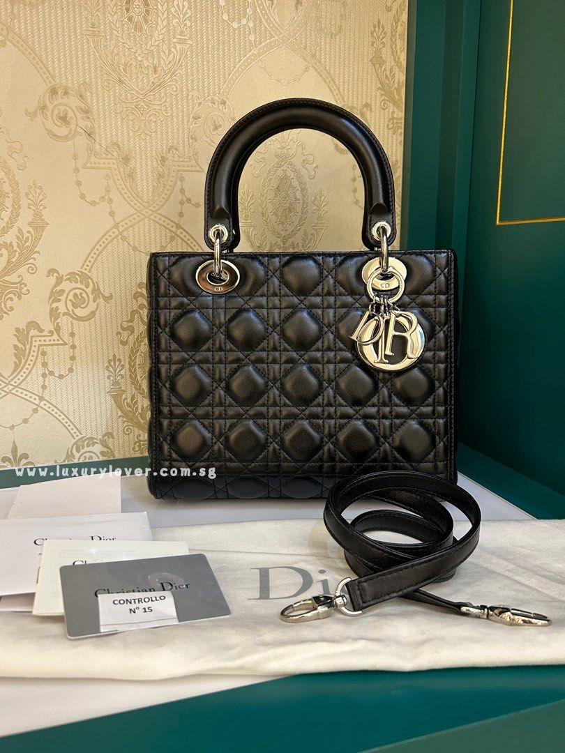 Like New Lady Dior Medium Black Lamb SHW