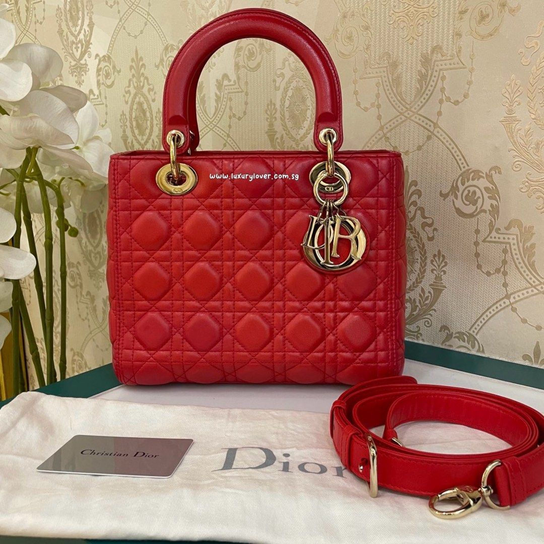Like New Lady Dior Medium Red Lamb GHW