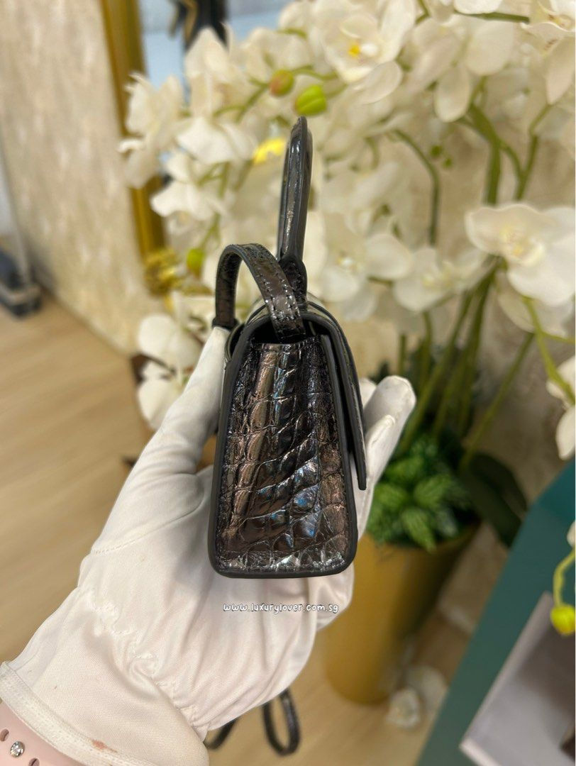 Thumbnail: Like New Balenciaga Hourglass Mini Dark Grey Shiny Embossed Croc 