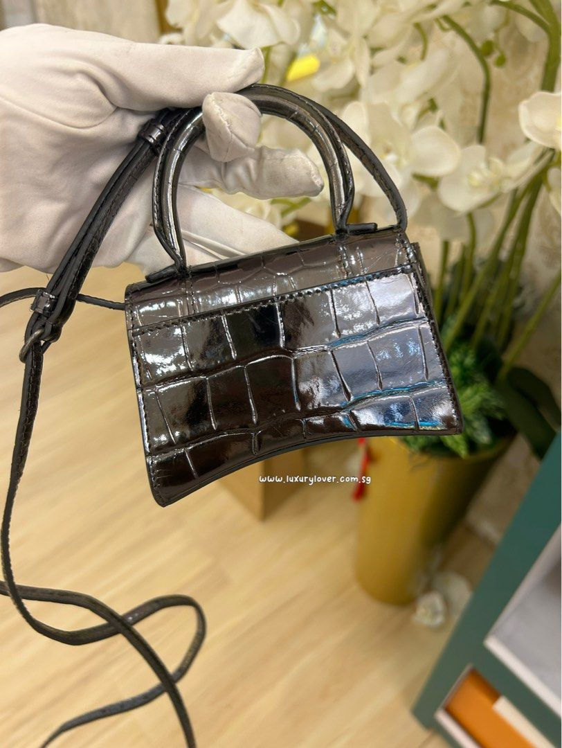 Thumbnail: Like New Balenciaga Hourglass Mini Dark Grey Shiny Embossed Croc 