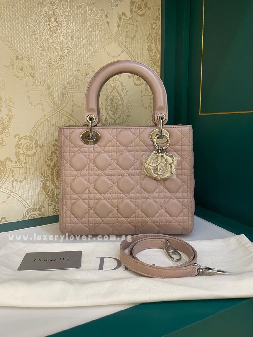 Brand New Lady Dior Medium Dusty Pink / Greyish Pink Lamb SHW
