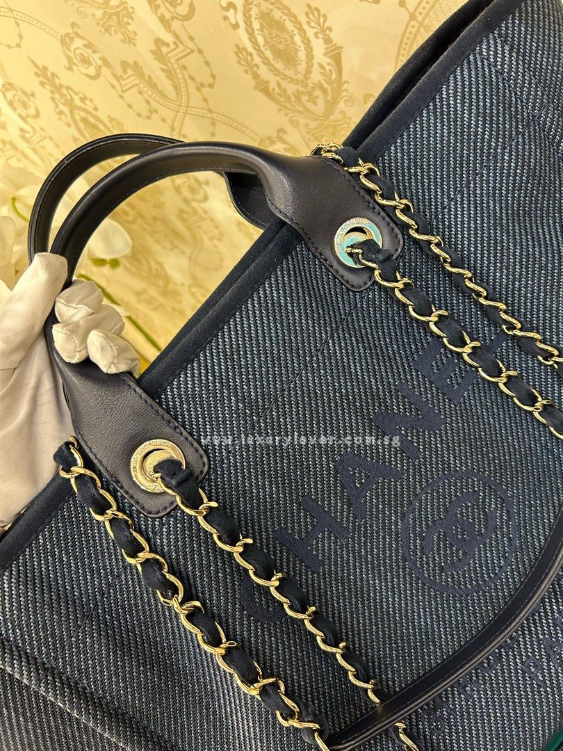 Thumbnail: #30 Like New Chanel Deauville Tote Large Shopping Bag Dark Denim
