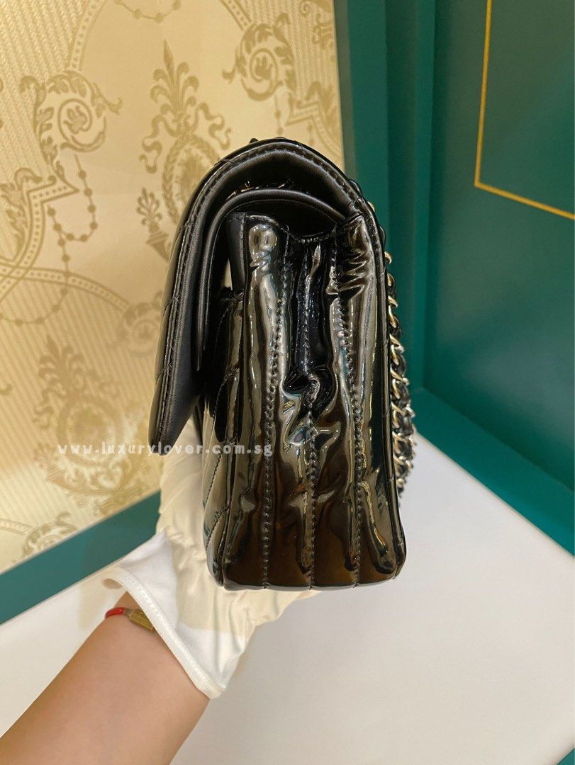 Thumbnail: #21 Chanel Classic Double Flap chevron Medium Black Patent SHW