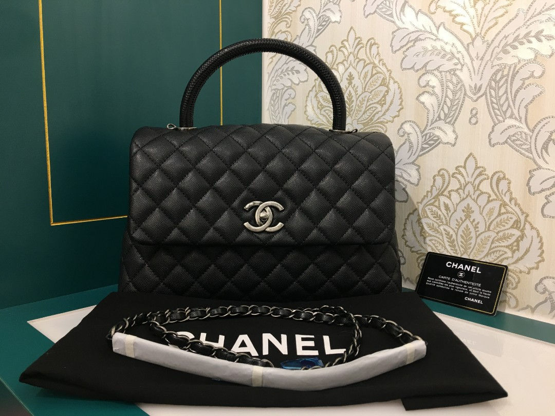 #23 Brand new Chanel Coco Handle with lizard Handle Black Caviar with RHW