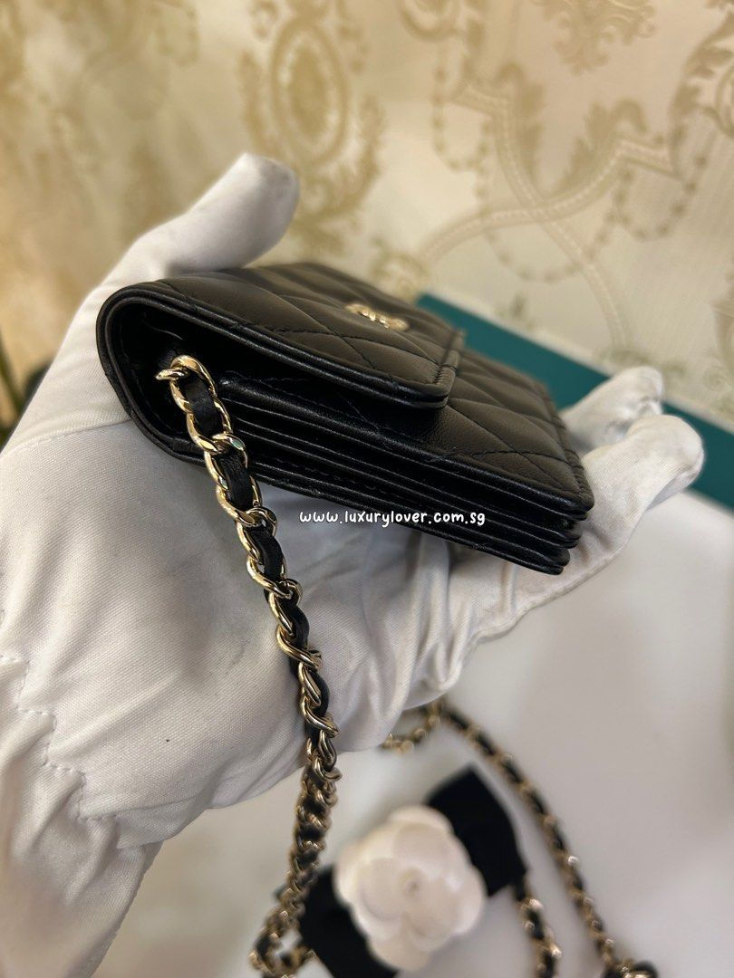 Thumbnail: #31 LNIB Chanel My Chanel Lady Quilted Camellia Card Holder on Chain Black Lamb