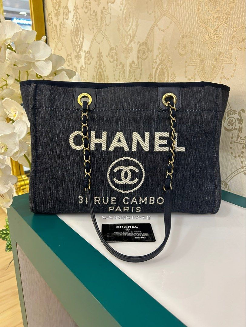 #17 Chanel Deauville Tote Large Shopping Bag Navy Denim GHW