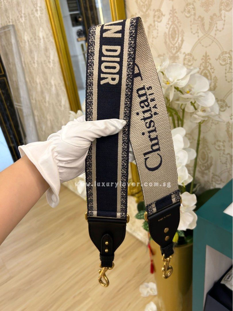 Thumbnail: Dior Wide Shoulder Strap Blue embroidery with black calfskin