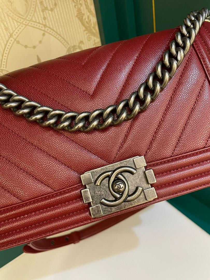 Thumbnail: #24 LNIB Chanel Boy Old Medium Dark Red Chevron Caviar RHW