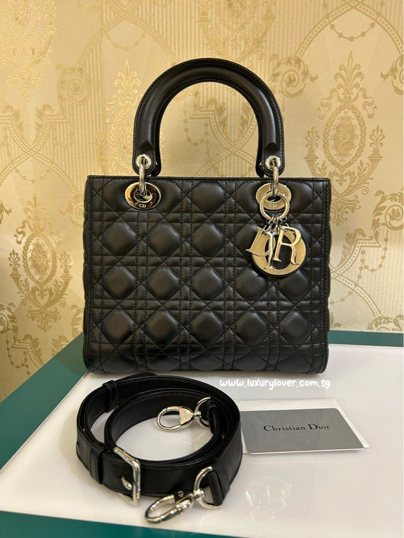 Like New Dior Lady Dior Medium Black Lamb SHW