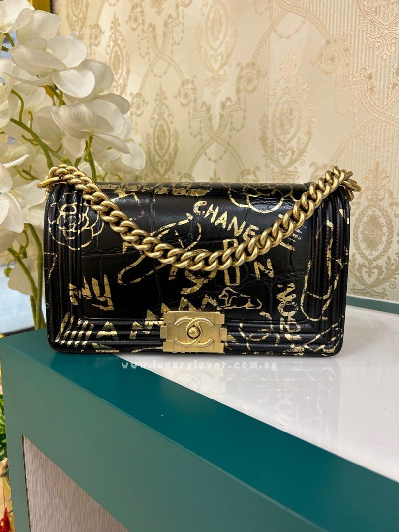 Thumbnail: #28 LNIB Chanel Boy Old Medium Embossed Crocodile Printed Black