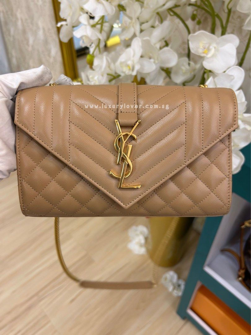 Thumbnail: BNIB YSL Envelope Small Quilted Crossbody Bag Beige Calf GHW