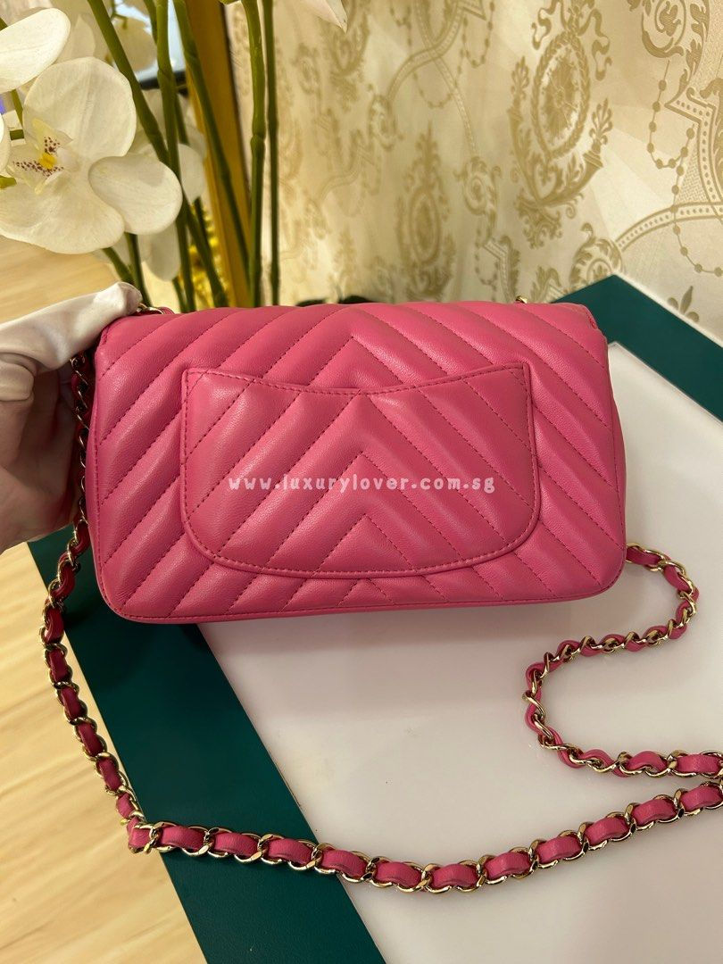 Thumbnail: #27 LNIB Chanel Mini Rectangle Flap Pink Chevron Lamb Light GHW