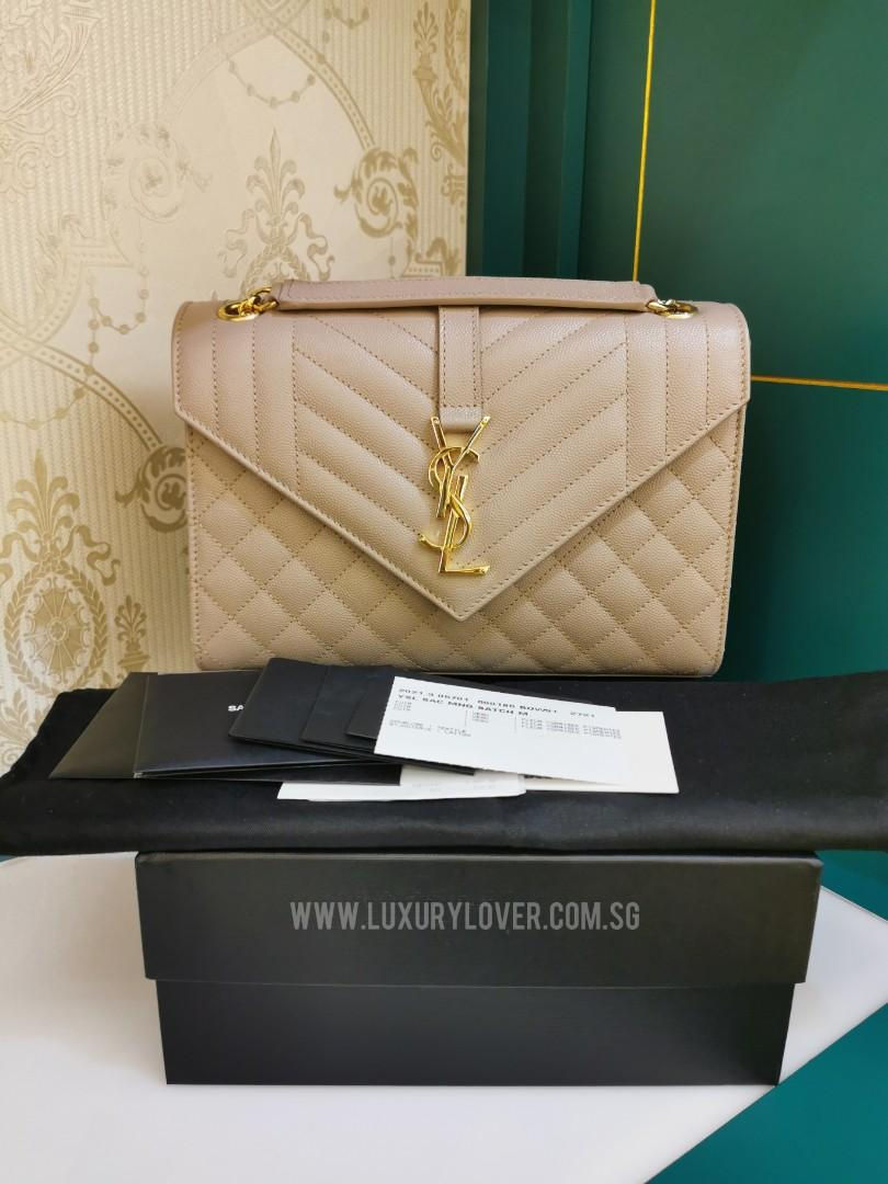 LNIB YSL Envelope Medium Chain Bag Dark Beige Grained Calf GHW