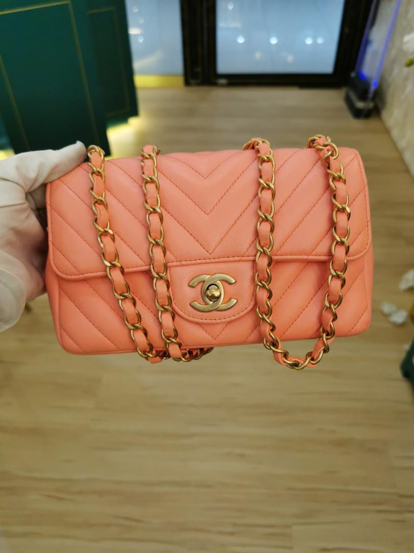 Thumbnail: #27 Like New Chanel Mini Chevron Rectangle Light Coral Lamb GHW