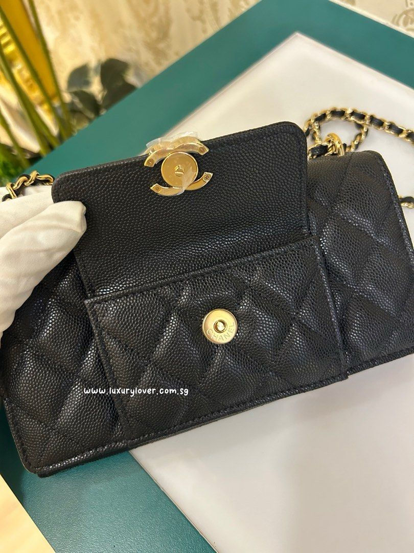Thumbnail: BNIB Chanel 22A Pocket Twins Clutch with Chain WOC Black Caviar