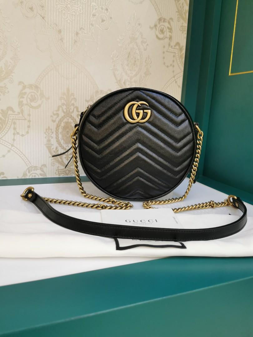 Brand New Gucci Marmont Mini Round Shoulder Bag Black Leather GHW