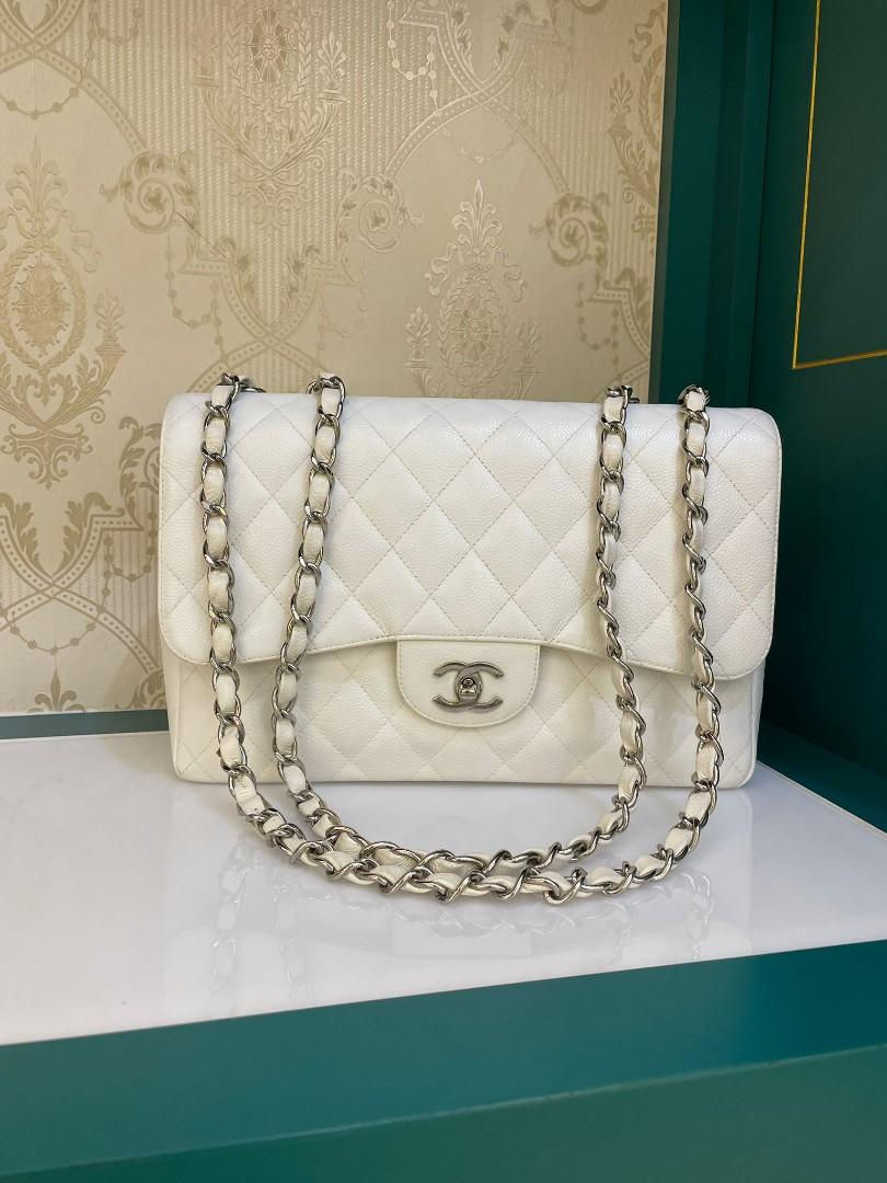 #10 Chanel Jumbo Classic Single Flap White Caviar SHW