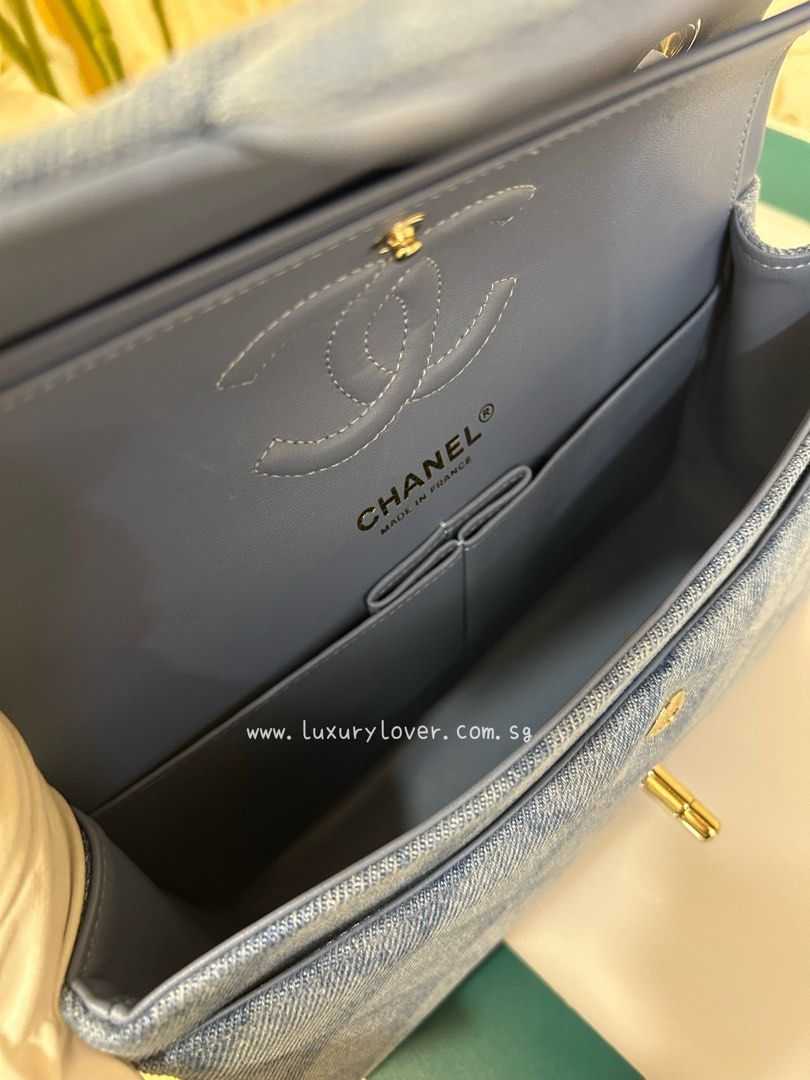 Thumbnail: LNIB Chanel Classic Double Flap Small Printed Denim Light Blue LGHW