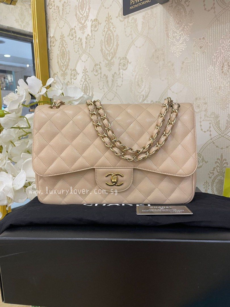 #15 LNIB Chanel Jumbo Classic Double Flap Beige Caviar GHW 