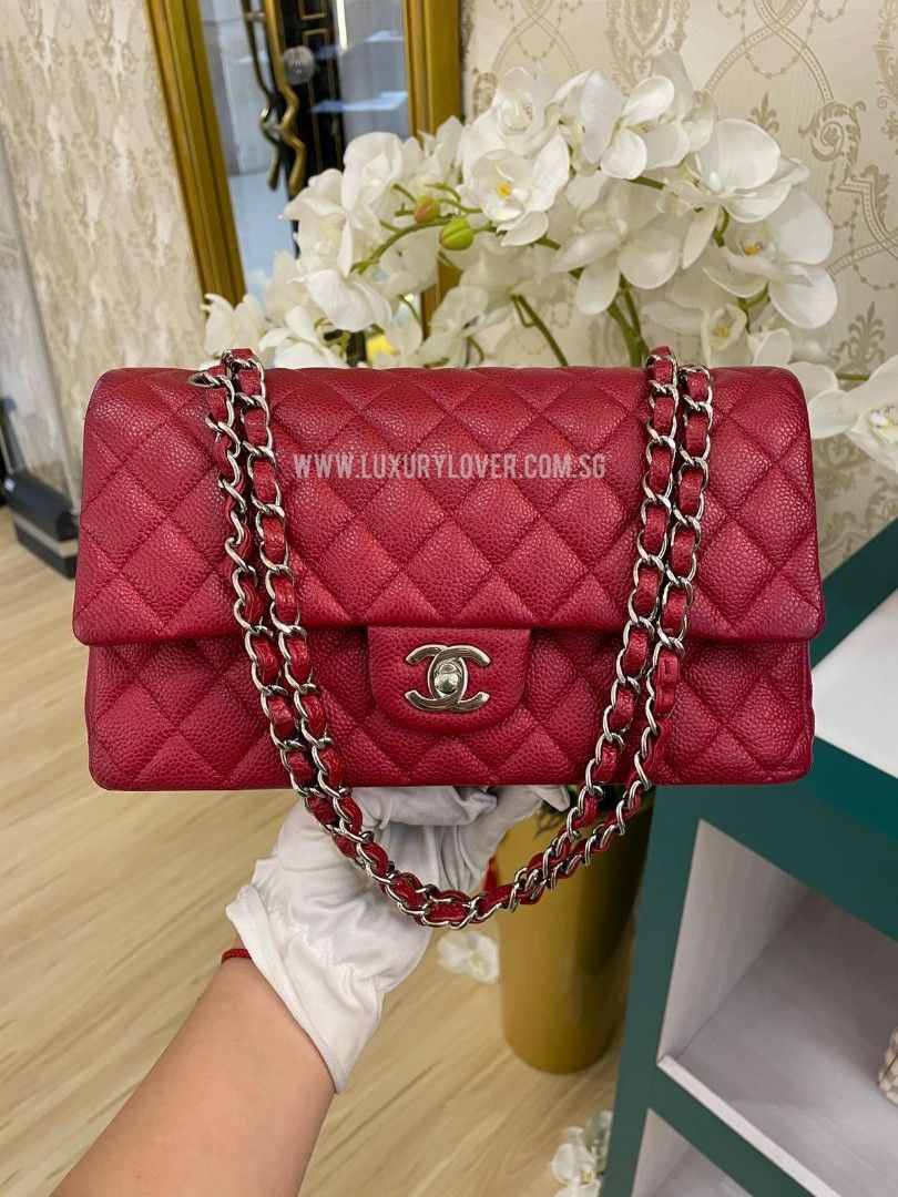 Thumbnail: #20 LNIB Chanel Classic Double Flap Medium Red Pearly caviar SHW