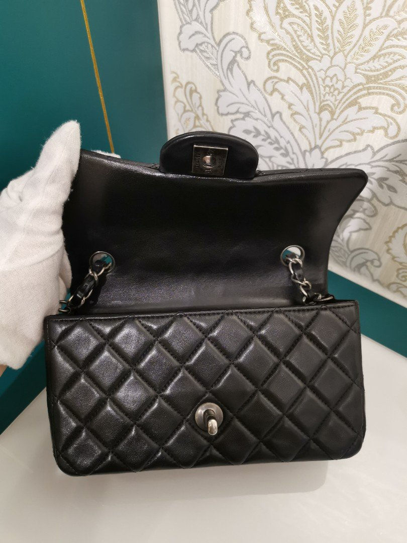 Thumbnail: #20 LNIB Chanel mini rectangular Classic Flap Black Lamb with RHW
