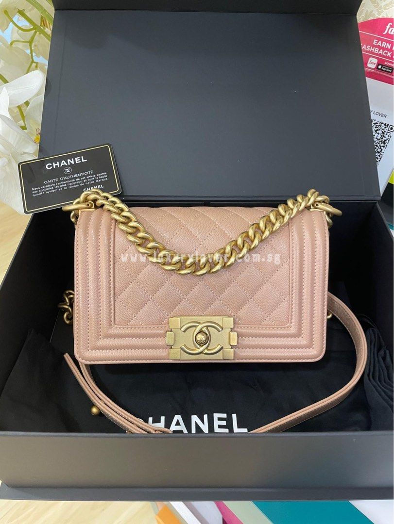 #25 LNIB Chanel Boy Small Beige Caviar GHW