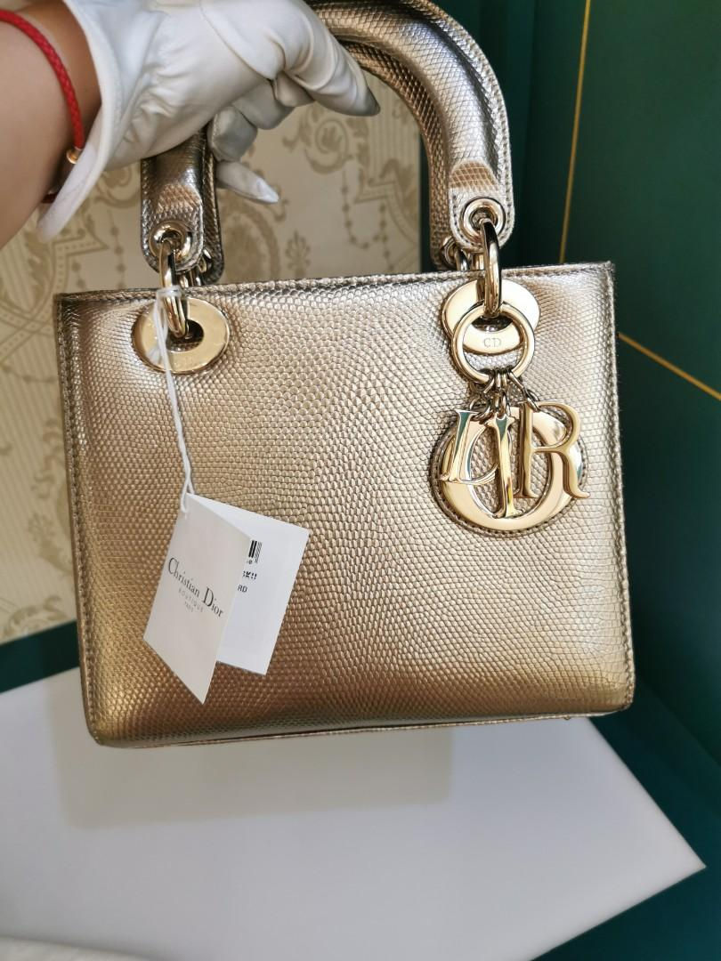 Thumbnail: Like New Lady Dior Small Champagne Lizard Light GHW