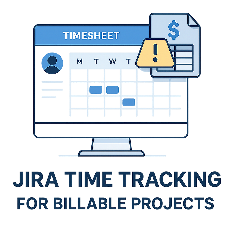 Monitor displaying a weekly Jira-style timesheet with a warning banner and a billable hours icon for a client project.