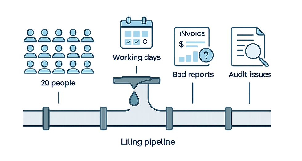 Infographic pipeline showing team worklogs flowing into timesheets and invoices, with missing hours leaking out as lost revenue.