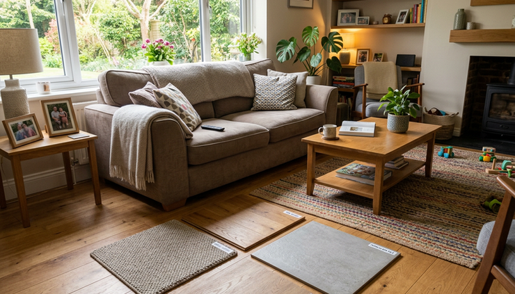 Wide-angle view of a bright family living room with carpet, wood, LVT, and tile samples on the floor
