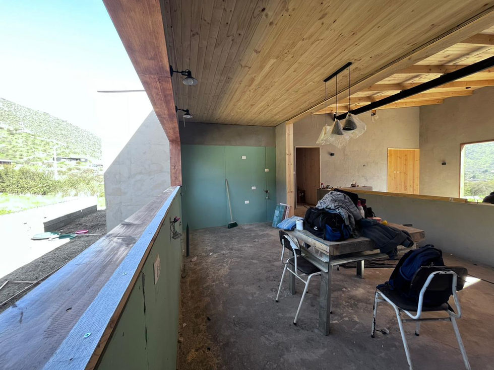 Interior view of unfinished space with tables and chairs, quincho industrial, outside view, Atelier3ofcial