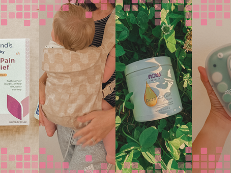 A collection of photos featuring some of the best baby products to have, featuring the Hyland's Oral Pain Relief Teething Tablets, a baby carrier, Now Solutions Pure Lanolin, and the Momcozy Baby Nail File.