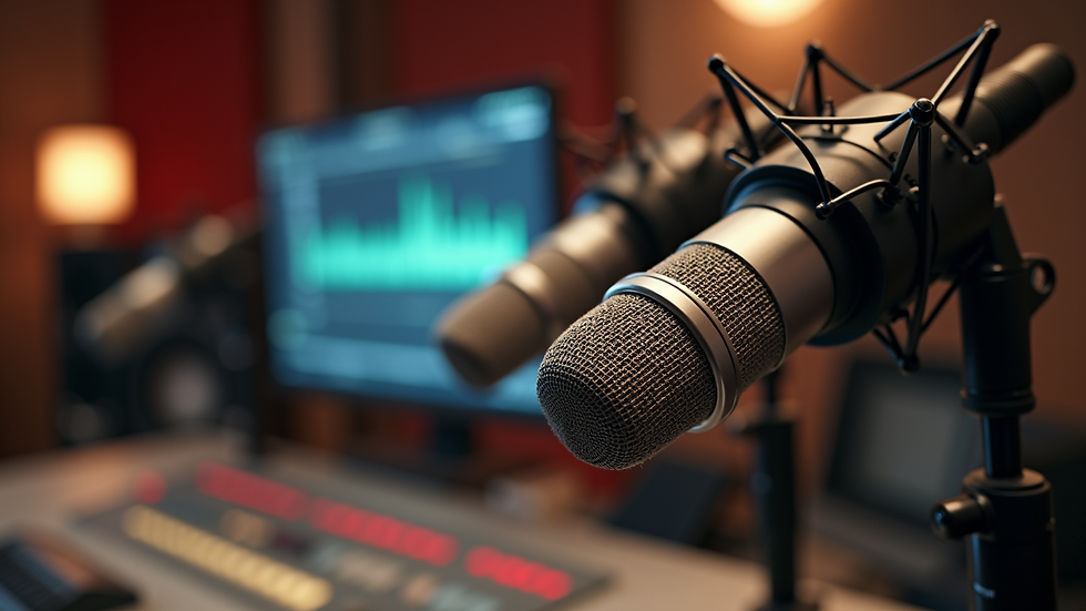 Close-up view of a radio studio with microphones and sound equipment