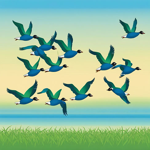 blue and green geese in a V formation.jpg