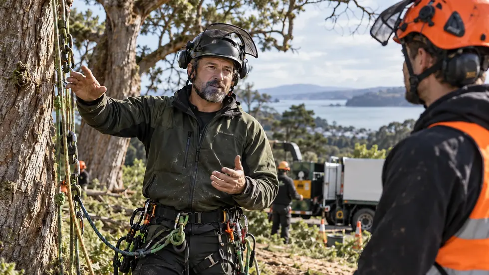 Experienced arborist discussing tree work with another crew member beside a mature tree and climbing equipment.