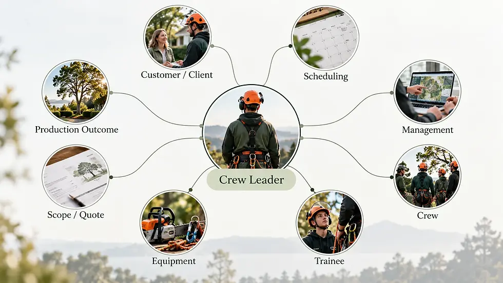 Crew leader at the centre of an arboriculture work system connecting customers, scheduling, management, crew, trainees, equipment, quoting and production outcomes.