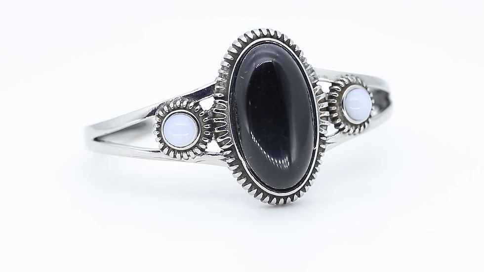 Thumbnail: Black Agate and Opalite Cuff Bracelet in Stainless Steel