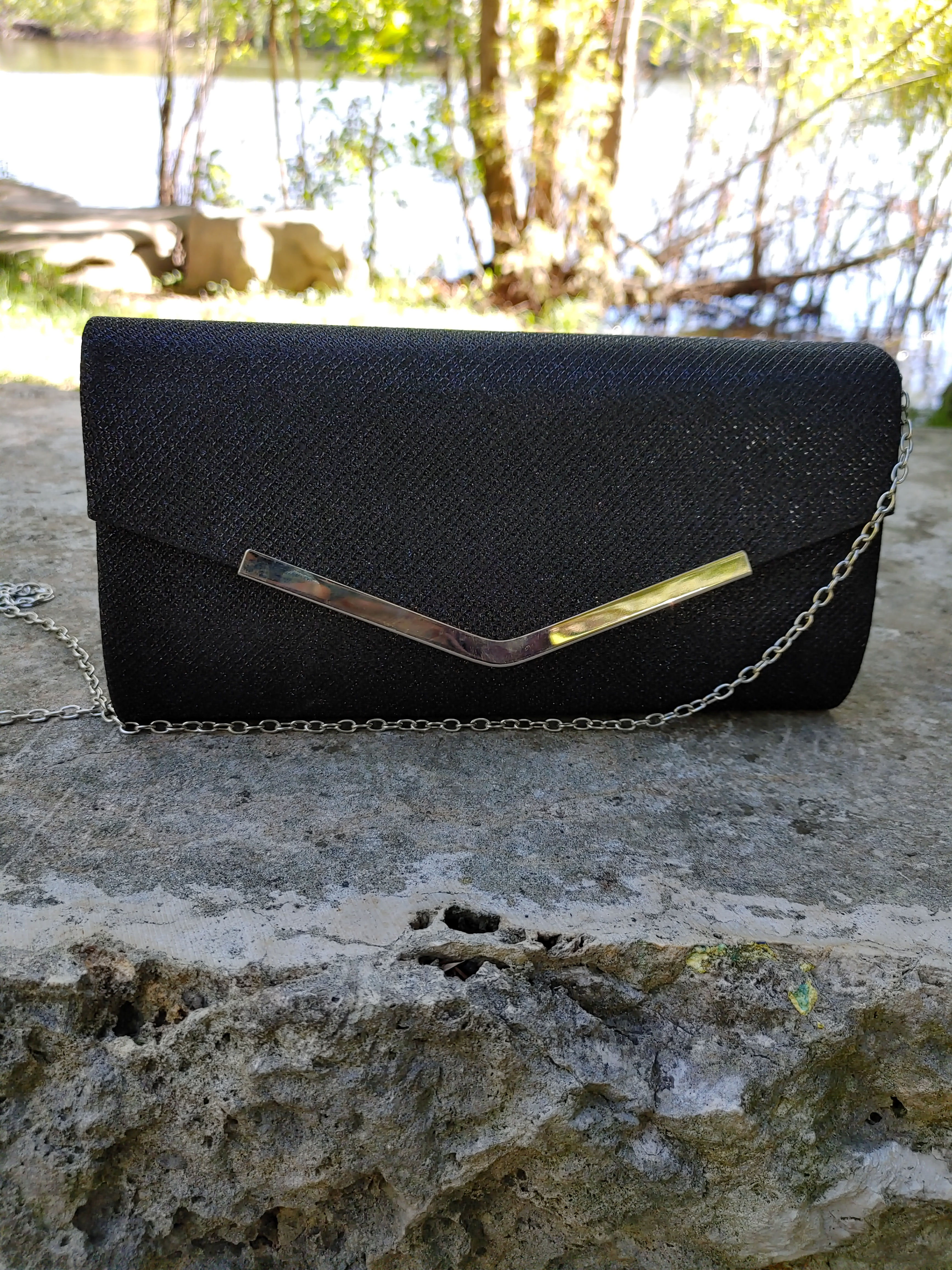 Black Evening Bag with Silver Chain