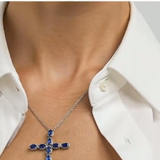 Thumbnail: SKS Kashmir Kyanite Cross Pendant Necklace Platinum Over SS