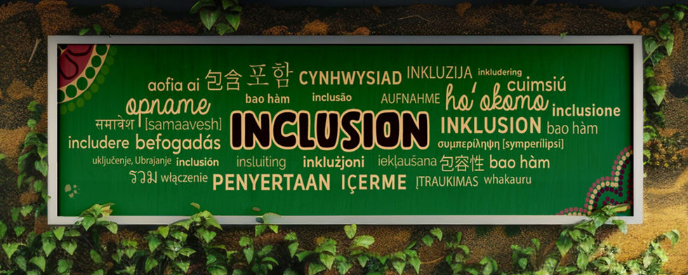 An inclusive outdoor banner designed with multiple languages to ensure multicultural students feel welcomed and included.