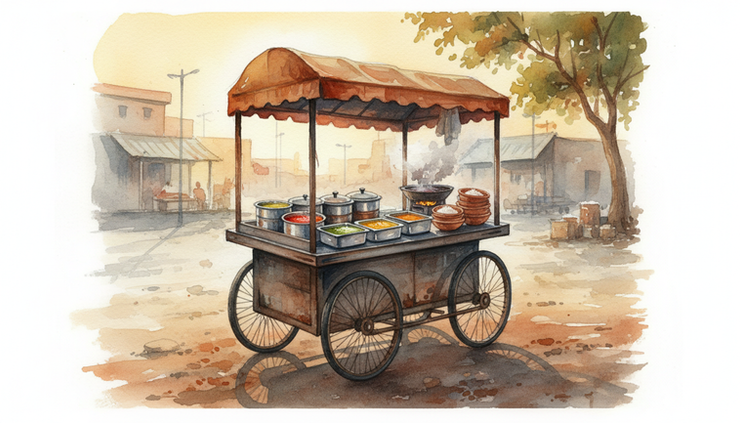 Wide-angle view of a small street food cart with neatly arranged unlabelled containers.