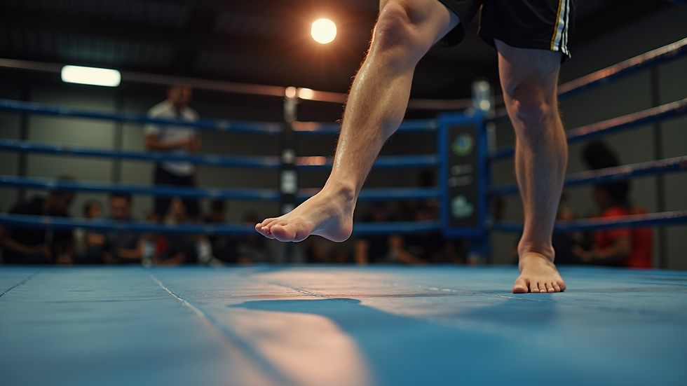 Close-up view of a kickboxer’s feet demonstrating footwork on a mat