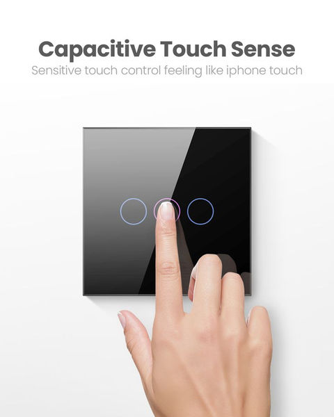 Hand touching black capacitive smart switch with 'Capacitive Touch Sense'.