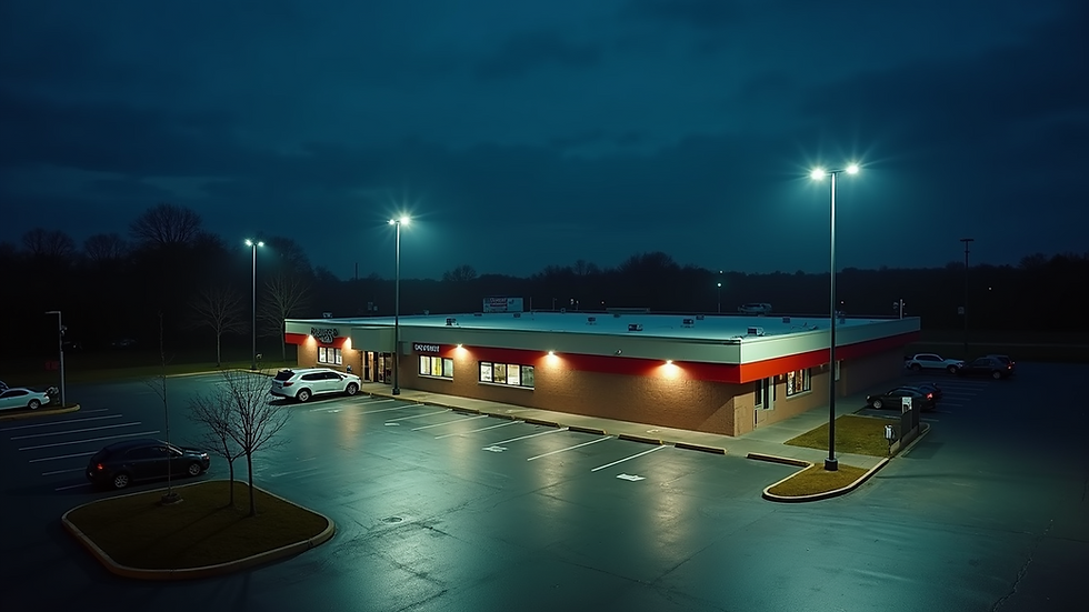 High angle view of security lighting illuminating a business parking lot at night